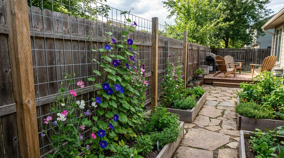Galvanized wire mesh stretched between posts provides economical support for climbing vines like morning glories and sweet peas, creating a lightweight privacy solution for small gardens and rental properties.