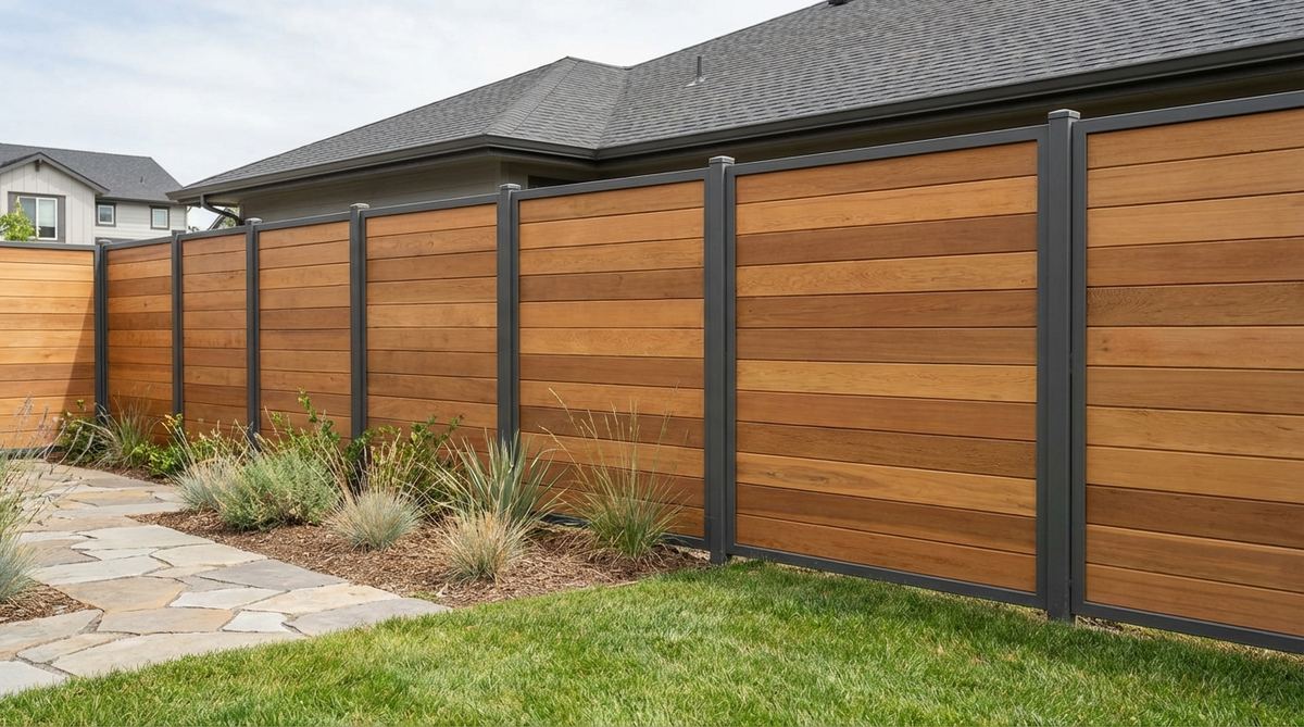 A modern garden fence featuring cedar or redwood panels framed by powder-coated steel, creating a sophisticated boundary that balances natural warmth with industrial edge. The metal frame prevents wood warping while extending the fence's lifespan, with design panels as discrete units between metal posts for easy replacement. Ideal for contemporary suburban landscapes with frame finishes that either blend or contrast with wood tones.