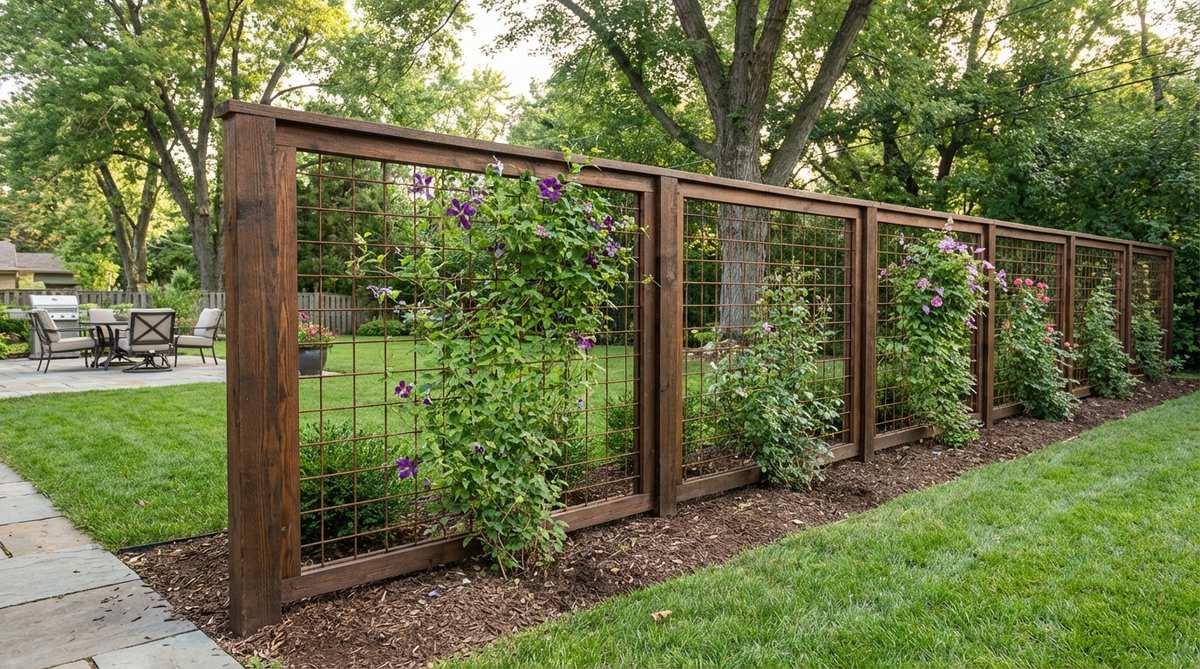 A garden fence design featuring stained wood frames with hog wire or woven metal mesh inserts. The semi-private structure supports climbing plants like clematis, jasmine, or climbing roses while maintaining visibility and airflow. This living privacy screen evolves seasonally as vegetation fills the gaps.