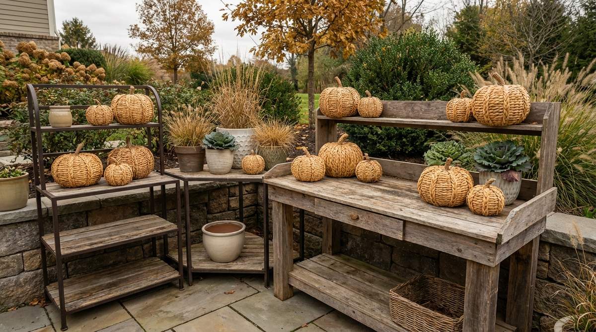 A collection of woven rattan pumpkin sculptures in various sizes, showcasing natural basketry texture and warm tan coloring. These lightweight decorations are arranged in odd-numbered groupings on shelves or entryway tables, perfect for boho Halloween decor that transitions seamlessly through Thanksgiving.