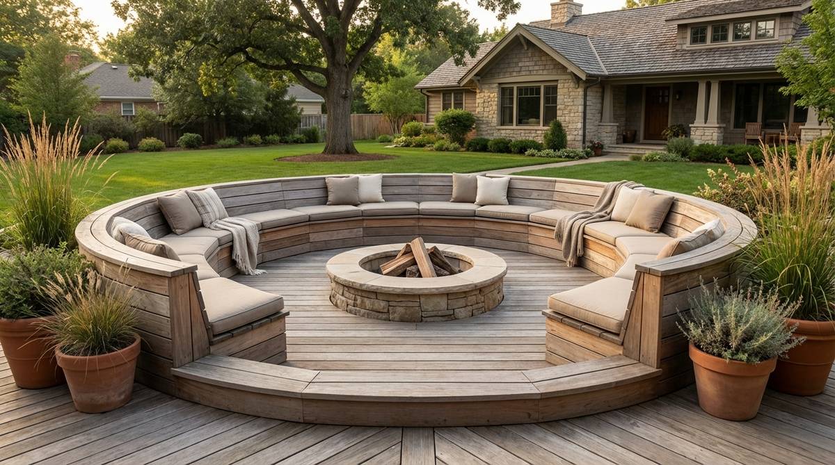 A small garden decking design featuring concentric tiered levels that wrap around a central fire pit, creating stadium-style seating for group gatherings with clear views to the focal point.