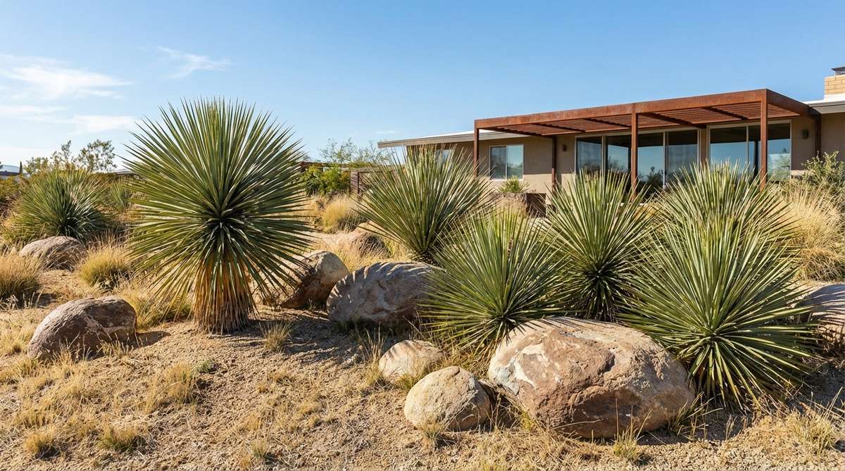 A mid-century modern garden featuring Yucca rostrata and desert spoon plants arranged as spiky rosettes that create futuristic drama. The plants are shown thriving in full sun with minimal water, planted singly as specimens and in groups of three for compound interest. Smooth boulders are strategically placed nearby to emphasize contrasting textures, celebrating native plant adaptation in a desert-inspired landscape design.