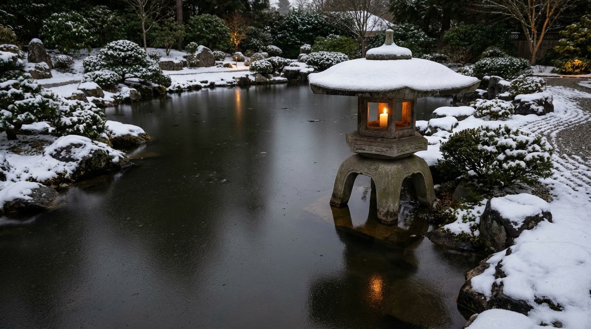 A traditional yukimi doro lantern with large curved roof and hexagonal fire box, supported by three curved legs. This 17th-century Japanese stone lantern is placed at water's edge in a zen garden, designed to catch snow and reflect candlelight on dark water during winter.