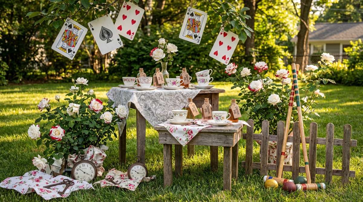 A whimsical mini garden party inspired by Alice in Wonderland, featuring mismatched vintage teacups, oversized playing cards hanging from branches, and decorative 'Drink Me' bottle labels. The scene includes painted white roses with red tips, croquet mallets as props, and tables at varying heights to evoke the story's magical scale-shifting. Clocks, keys, and rose motifs are scattered throughout, creating a quirky literary charm with eclectic, cost-effective decor.