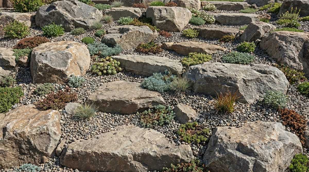 A detailed view of an alpine rock garden featuring small alpine plants nestled between boulders, with pea gravel filling the gaps to mimic mountain scree habitats. The arrangement showcases sharp drainage and elevation changes created by large rocks, ideal for full sun locations with poor soil.