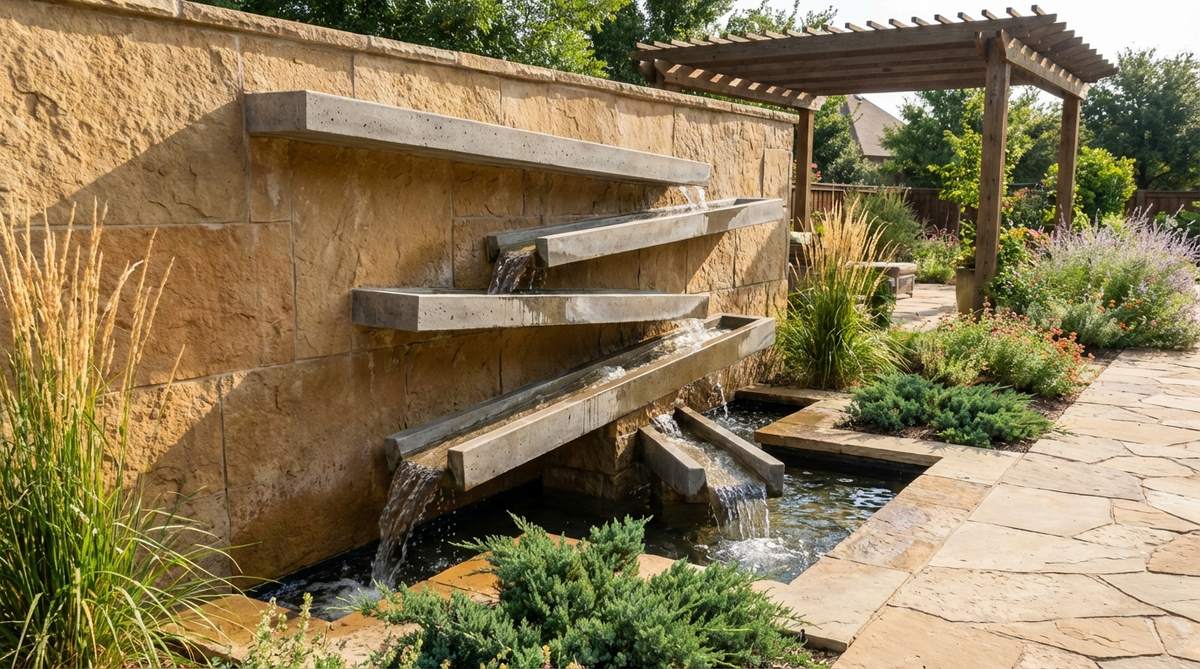 A modern garden fountain featuring narrow troughs mounted to a wall at alternating angles, creating a zigzag water flow pattern. The angular geometry extends water travel distance and produces directional flow patterns with varied speeds and trajectories, adding kinetic interest to architectural walls.