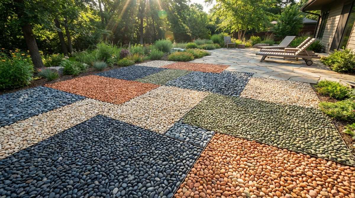 A modern stone garden mosaic featuring irregular sections of solid-color pebbles arranged in asymmetric blocks. The design uses four to five stone colors with angular boundaries, embracing negative space and compositional balance through color weight rather than symmetry. This abstract pattern creates dynamic visual interest and is suitable for contemporary residential landscapes and artistic garden installations.