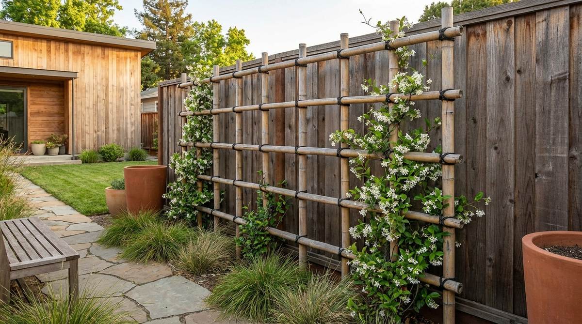 A modern bamboo screen trellis made from natural bamboo poles lashed together with black hemp rope, showcasing Japanese-inspired design in a contemporary garden setting with climbing jasmine or roses.