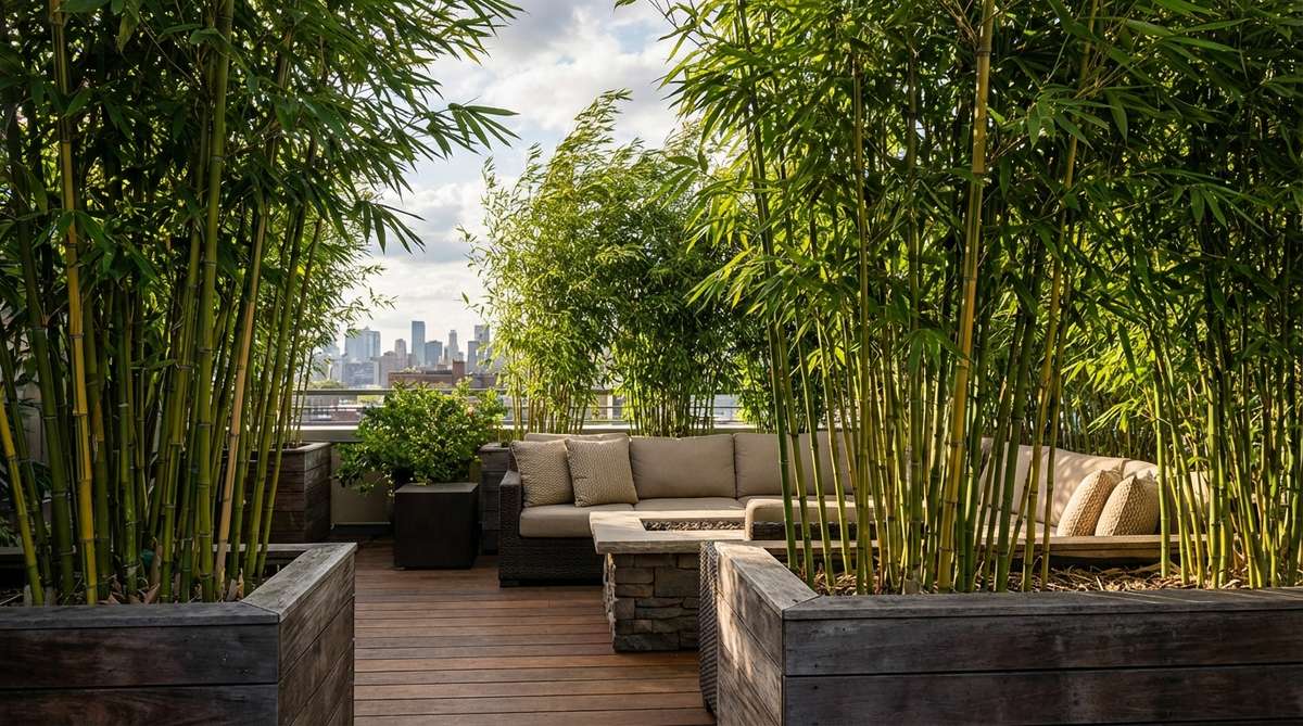 A lush bamboo screen wall on an urban balcony, featuring tall clumping bamboo varieties in large containers forming a dense evergreen privacy barrier. The vertical canes and foliage create a natural partition that blocks sightlines while adding greenery and gentle movement in the breeze.