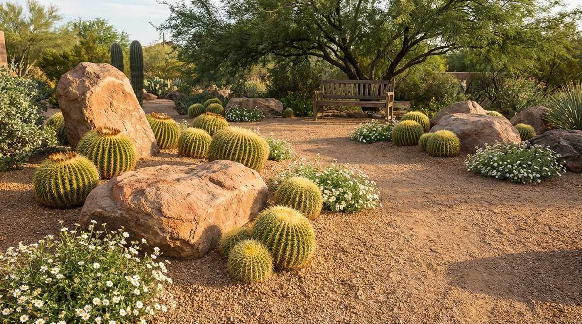 A Southwest desert garden featuring golden barrel cactus (Echinocactus grusonii) arranged with large boulders and decomposed granite. The spherical cactus forms create geometric contrast against rounded gravel, complemented by white-flowering blackfoot daisy plants.