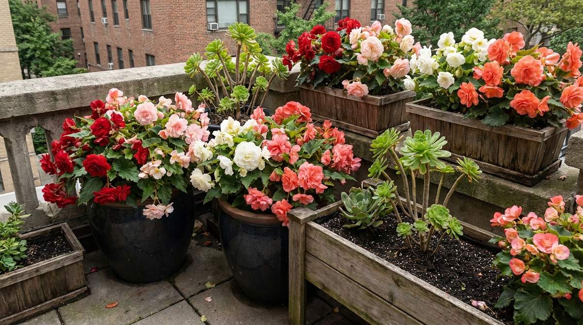 A vibrant display of tuberous and fibrous begonias with pink, red, white, and coral blooms on an urban balcony, featuring succulent stems that resist wind damage and thrive in low light conditions, planted in rich, moisture-retentive soil with excellent drainage.