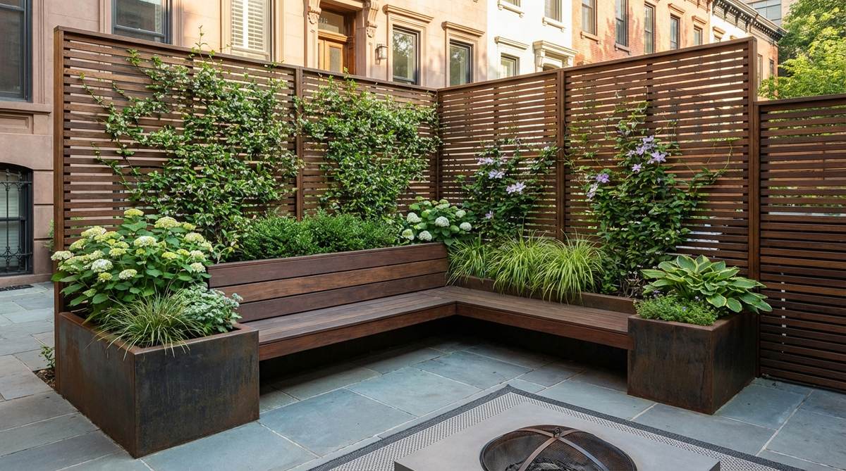 A contemporary garden bench integrated with tall planters and a privacy screen, featuring climbing vines like jasmine or clematis on trellises, providing seating, planting space, and natural visual enclosure in a townhouse or courtyard setting.