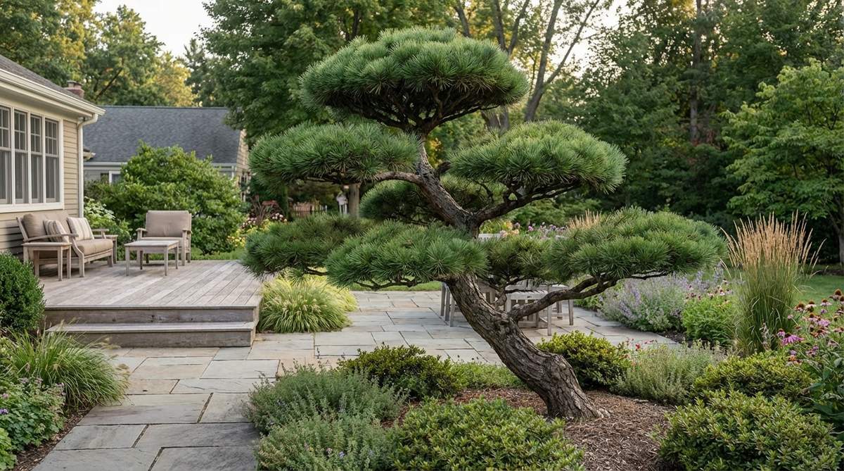 A Japanese black pine tree shaped through traditional niwaki techniques, featuring horizontal branch layers that resemble floating clouds. The tree displays a sculptural trunk with three to five distinct canopy layers, achieved through years of patient pruning and careful removal of downward-growing branches and excess needles.