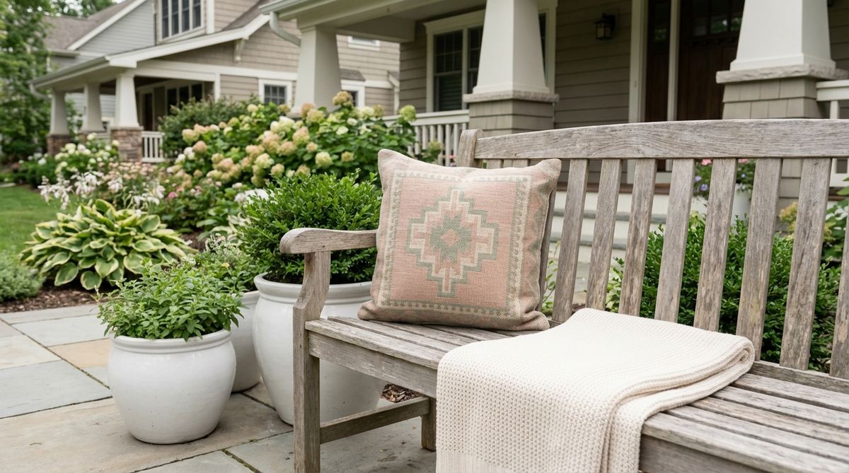 A blush pink and sage green outdoor decor pillow with soft sophistication, perfect for creating fresh, contemporary spring and summer entertaining spaces. Features muted colors with low saturation that work harmoniously together, often paired with cream or white accents for added brightness.