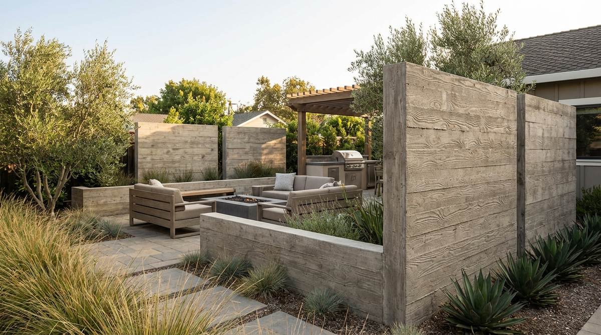 A modern garden featuring board-formed concrete walls with distinctive wood-grain texture patterns, showcasing how rough-sawn lumber formwork creates durable, visually interesting retaining walls and privacy screens with consistent board-width patterns.