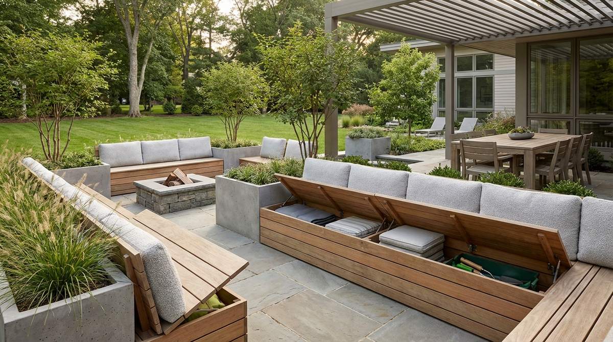 A modern terrace garden design featuring built-in bench perimeter seating along the edges. The fixed seating maximizes capacity without furniture footprints, with lift-top storage compartments visible beneath the bench seats. The benches are constructed at comfortable 18-inch heights with 16-inch deep seats, topped with plush back cushions for extended lounging. Clean architectural lines are established by the permanent benches, while the underside storage accommodates cushions, gardening tools, and outdoor accessories. This design creates an efficient and stylish outdoor living space.