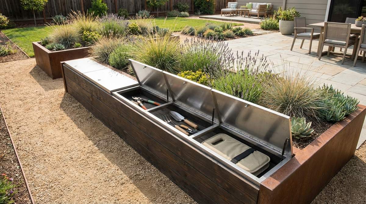 A modern garden bed featuring built-in waterproof storage compartments with hinged lids, designed to store gardening tools like trowels and pruners while maintaining a clean aesthetic.