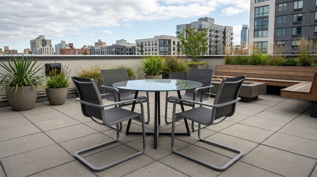 Sleek cantilever chairs floating around a glass-topped table on concrete pavers, featuring stainless or powder-coated frames with breathable mesh seats and a tempered glass table on a minimal base. Ideal for modern homes, small terraces, or rooftop settings, enhancing openness and complementing contemporary architecture.