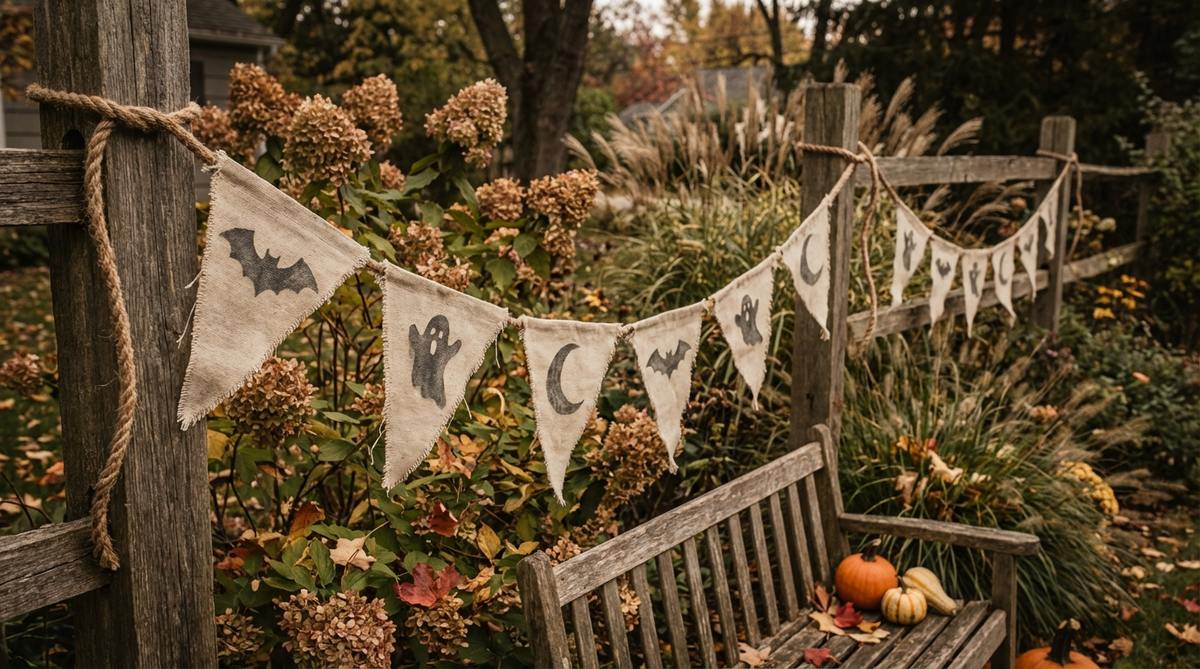 A rustic canvas fabric Halloween banner with frayed edges, featuring hand-painted Halloween symbols in soft black or charcoal. The triangular pennants are strung on jute rope, embodying bohemian textile traditions for Halloween decor.