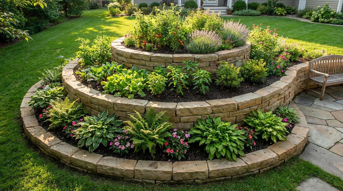 A stacked three-tier planter system creating a garden amphitheater effect, with each level visible from below. The top tier receives full sunlight for heat-loving plants, while lower levels provide shade for shade-tolerant varieties. Each tier acts as an independent retaining wall, constructed sequentially from the bottom up with proper compaction between stages. Tier heights vary from 8-12 inches for herbs and groundcovers to 18-24 inches for vegetables and shrubs, maximizing vertical planting space in a raised bed garden setting.