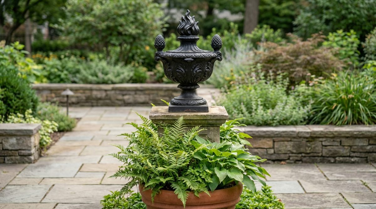 A cast iron decorative urn topper with intricate details like acanthus leaves, pinecones, or flame forms, designed to crown stone urns or pedestals for garden decor. It adds vertical interest and draws attention to plant specimens in containers below, typically finished in traditional black to complement stone and terracotta.