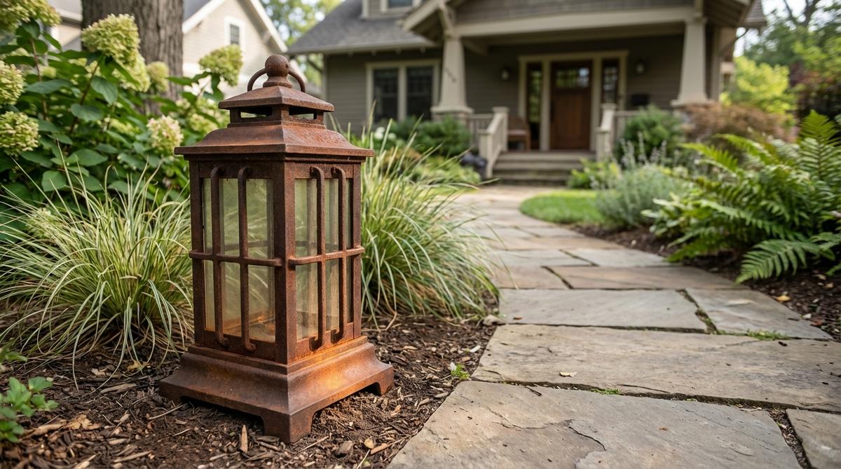 A durable cast iron ground lantern with a russet-brown rust patina, positioned along a garden pathway, showcasing its heavy construction suitable for high-traffic areas and wind resistance.