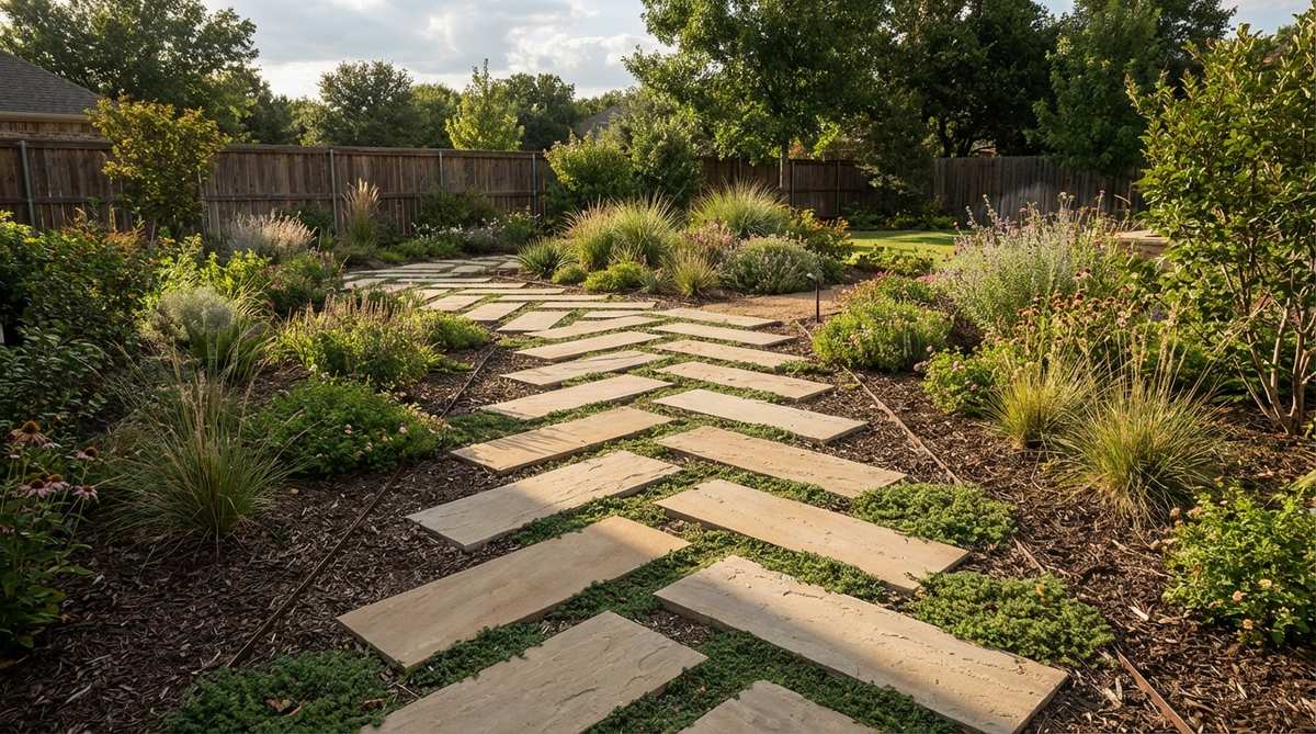 A close-up view of rectangular stepping stones arranged in a chevron or herringbone pattern in a garden pathway, creating strong directional emphasis and adding energy with its zigzag configuration. The stones are cut uniformly and positioned at alternating 45-degree angles, highlighting the path as a design feature.