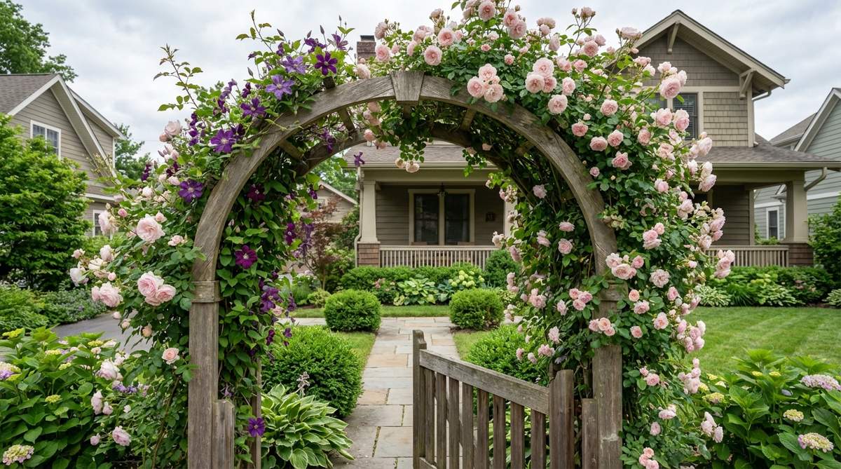 A beautiful garden entrance featuring fragrant climbing roses trained over an arched arbor structure. The image shows varieties like 'New Dawn' and 'Cécile Brünner' roses in bloom, paired with clematis vines for extended color sequences. The layered vertical arrangement creates visual interest from spring through fall, with roses and clematis climbing together on the arbor to define the garden aesthetic.
