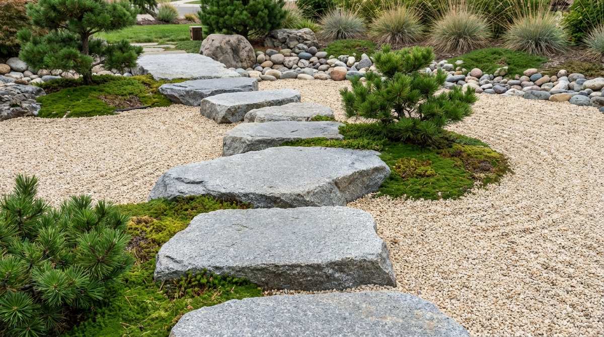 An elevated pathway in a zen garden created with broad, flat boulders rising 4-6 inches above surrounding gravel, suggesting stepping through clouds or crossing sacred space. The platform stones are spaced irregularly to create varied stepping rhythms, adding physical engagement and symbolic separation from the mundane ground.