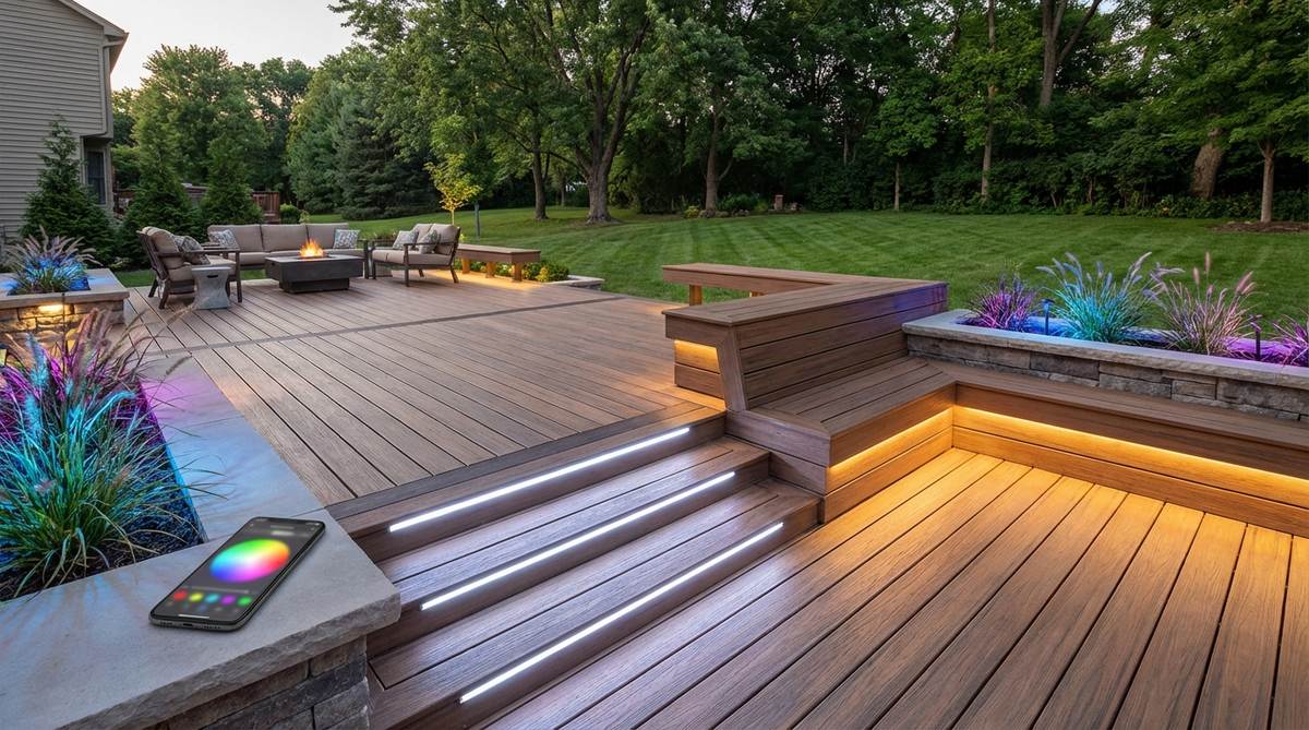 RGB LED lighting system integrated into an outdoor deck, showcasing dynamic color changes from cool whites to warm ambers and vibrant hues, controlled via a smartphone app for customizable mood lighting in step risers, benches, and planters.