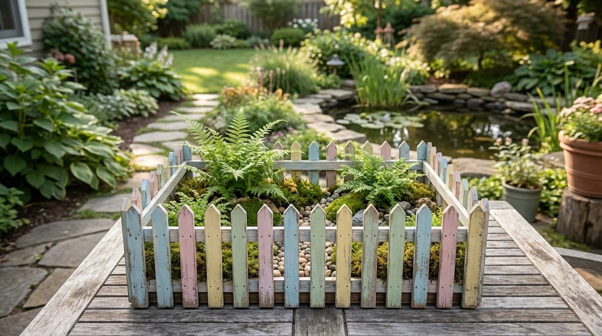 A whimsical mini garden fence featuring traditional picket designs painted in pastel colors like blue, pink, yellow, or green, adding charm and contrast to terrarium scenes with distressed finishes for a cottage-style aesthetic.