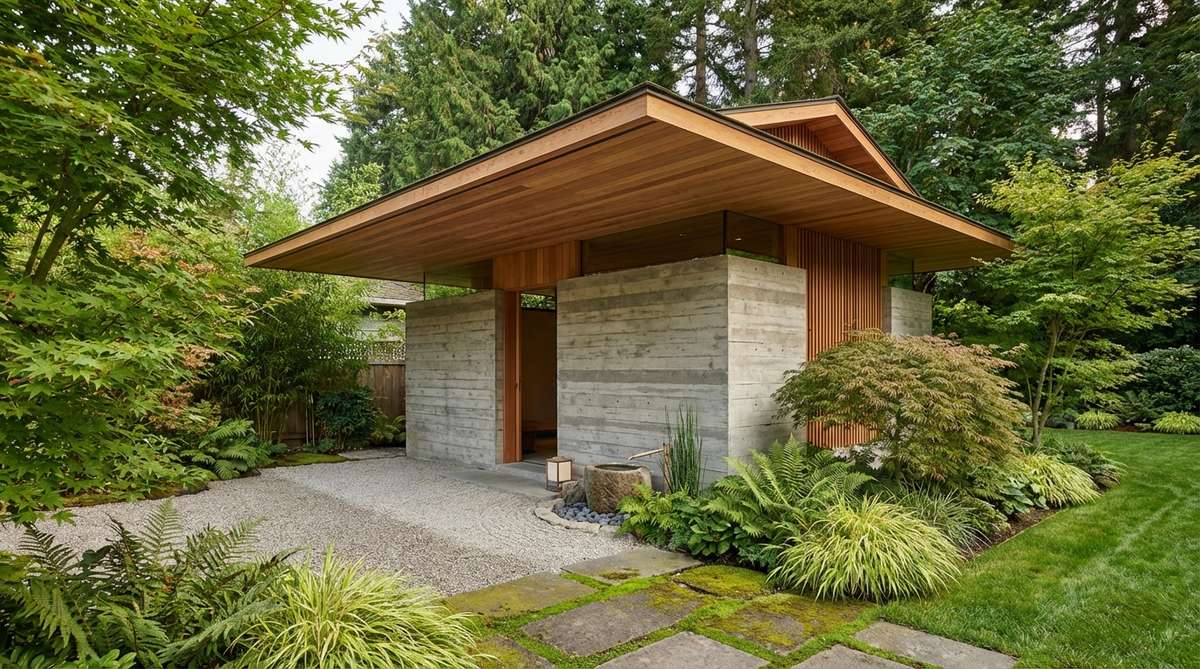 A modern Japanese garden tea house featuring poured concrete walls with board-formed textures that echo wood grain patterns, accented with cedar elements. The design showcases a cantilevered roof extending from concrete walls, creating deep eaves without visible support posts, blending industrial materials with traditional wabi-sabi aesthetics.