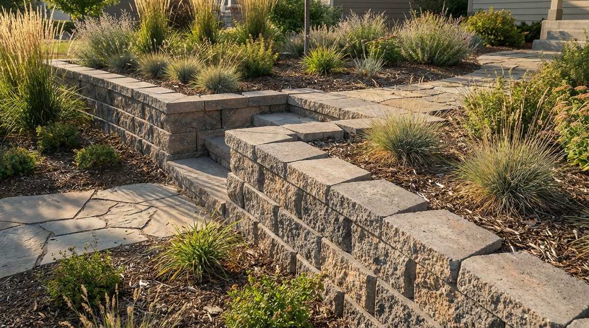 A modern garden edging solution using modular concrete blocks stacked to form a low retaining wall, with interlocking profiles for stability. The blocks define planting beds on sloped terrain, featuring textured surfaces in natural gray or earth tones, suitable for residential and commercial projects.