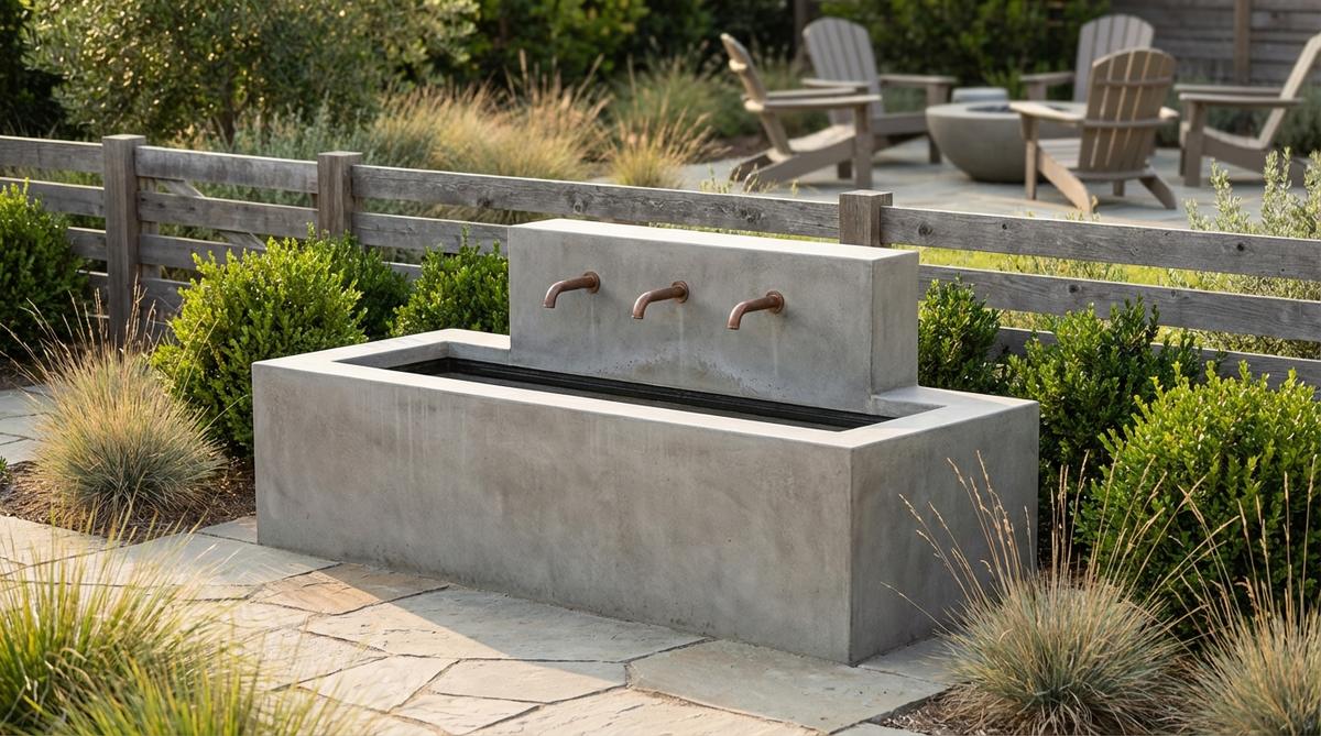 A minimalist concrete fountain basin, available in circular or square shapes, designed to catch water from simple spouts. This sculptural element enhances contemporary aesthetics in garden design, with basin dimensions scaled appropriately for garden size.