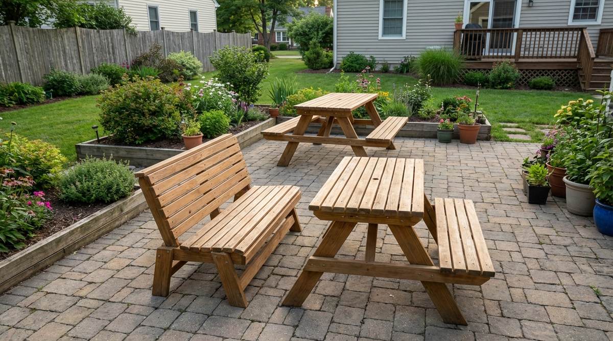 A convertible bench-to-picnic table in a small garden setting, showing the dual-mode furniture that transforms from two facing benches into a traditional picnic table with attached seating in under 30 seconds. The image highlights the flexible design suitable for families with children who need versatile entertaining space in limited areas.