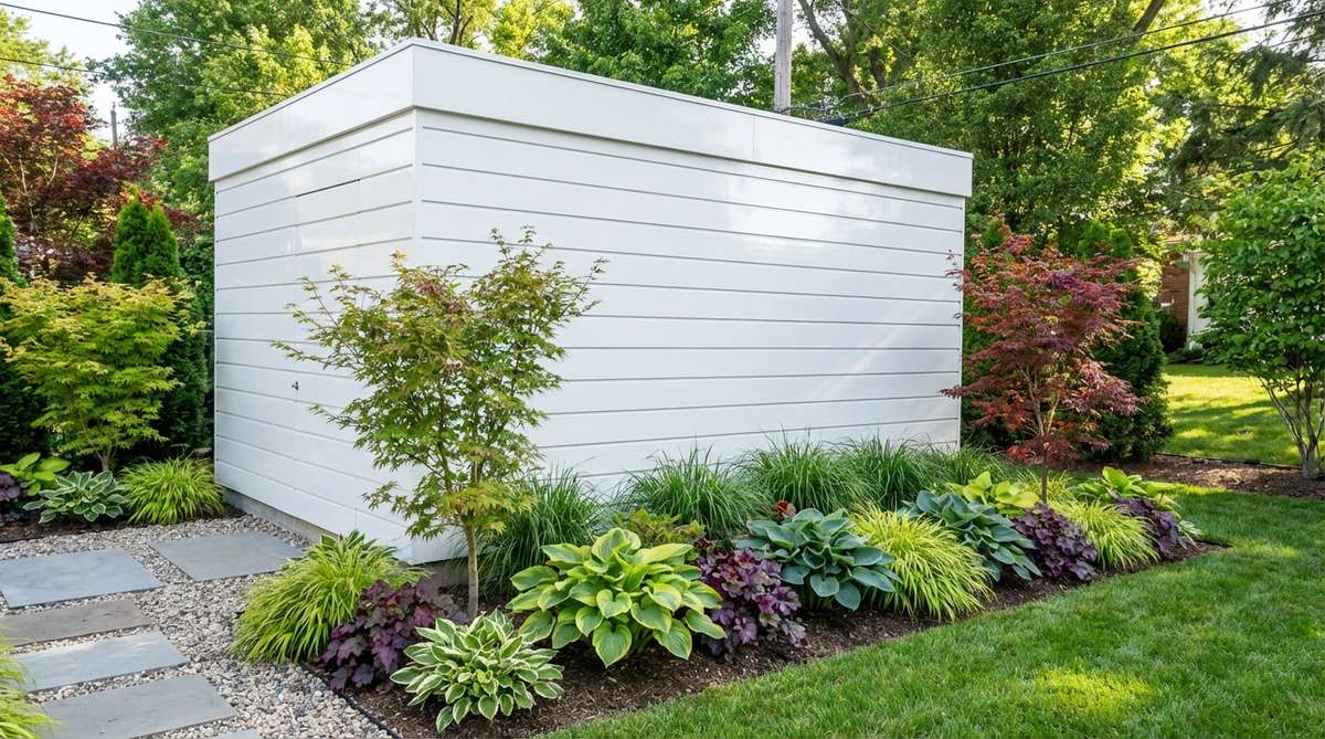 A modern garden shed with pure white siding that reflects maximum light, emphasizing geometric form and architectural details. Ideal for minimalist Japanese-inspired gardens and contemporary landscapes, it serves as a bright, neutral backdrop for colorful plantings.