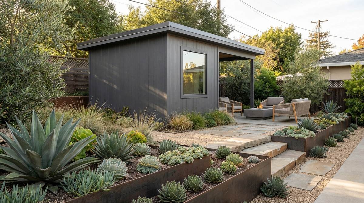 A square mini garden shed with a flat roof and asymmetrical window, painted in charcoal gray or white, set against a modern garden with succulents and minimalist landscaping.