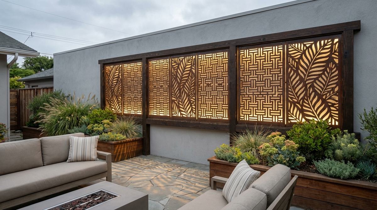 CNC-cut wooden or metal panels with botanical motifs, geometric designs, or abstract patterns, transforming fences into outdoor art with intricate laser-cut details. Ideal for mounting on solid backing panels for privacy and backlighting with landscape lighting to project patterns at night, creating dramatic focal points in courtyard settings.