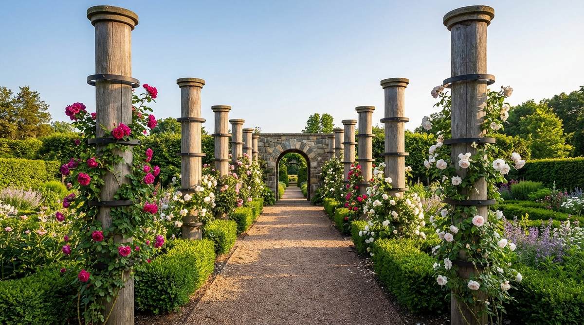 A straight cylindrical pillar with wire or metal rings at intervals, providing vertical support for pillar roses bred for upright growth in a formal garden layout. The structure is shown in pairs flanking an entryway or in rows along pathways, with support rings spaced 18-24 inches apart to accommodate new growth, creating rhythm and processional impact.