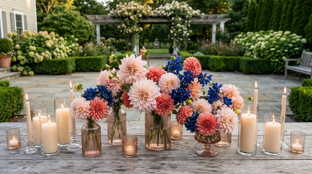 Elegant floral centerpiece featuring striking dahlias in blush, coral, and blue tones arranged in textured fluted glass vessels, shimmering under candlelight for a wedding reception decor.