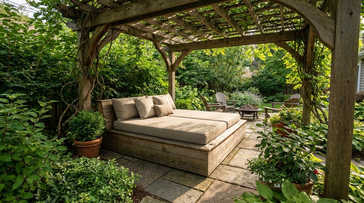 An outdoor daybed lounge platform in a small garden backyard, featuring a weather-resistant frame with deep plush cushions positioned under a pergola for shade. This oversized furniture piece creates an open-air sleeping and lounging retreat, accommodating multiple users for relaxation and afternoon naps.
