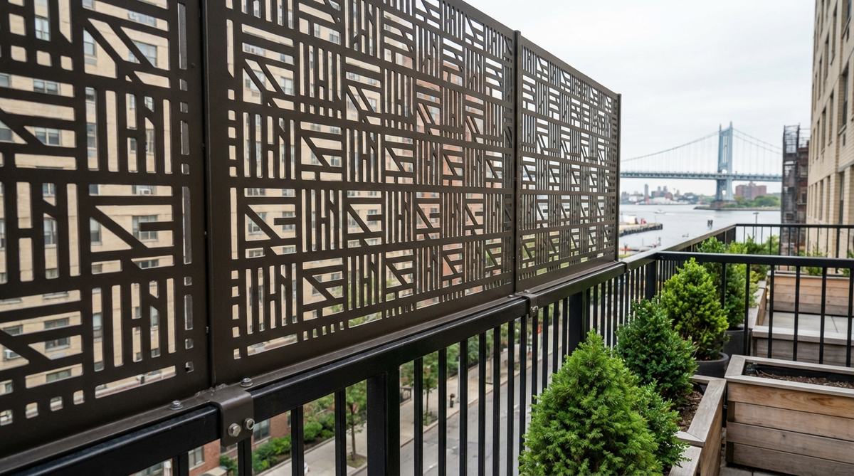 Laser-cut metal privacy screen with geometric pattern attached to balcony railing, featuring powder-coated finish that resists rust in coastal humidity. Suitable for NYC balcony gardens with options ranging from 50% to 90% opacity for wind resistance and privacy.