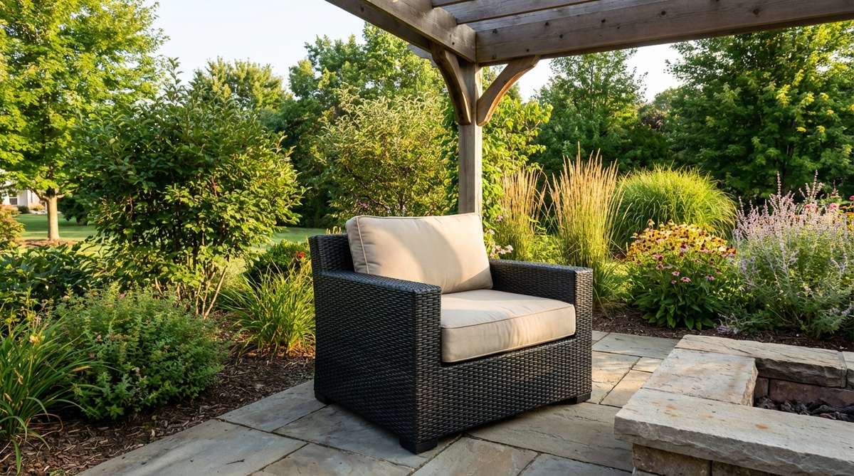 A deep seat lounge chair with extra-deep 30-36 inch seating, thick quick-dry foam cushions, and durable aluminum or synthetic wicker frame. Perfect for creating comfortable conversation groupings in outdoor living spaces with hotel-resort level comfort.
