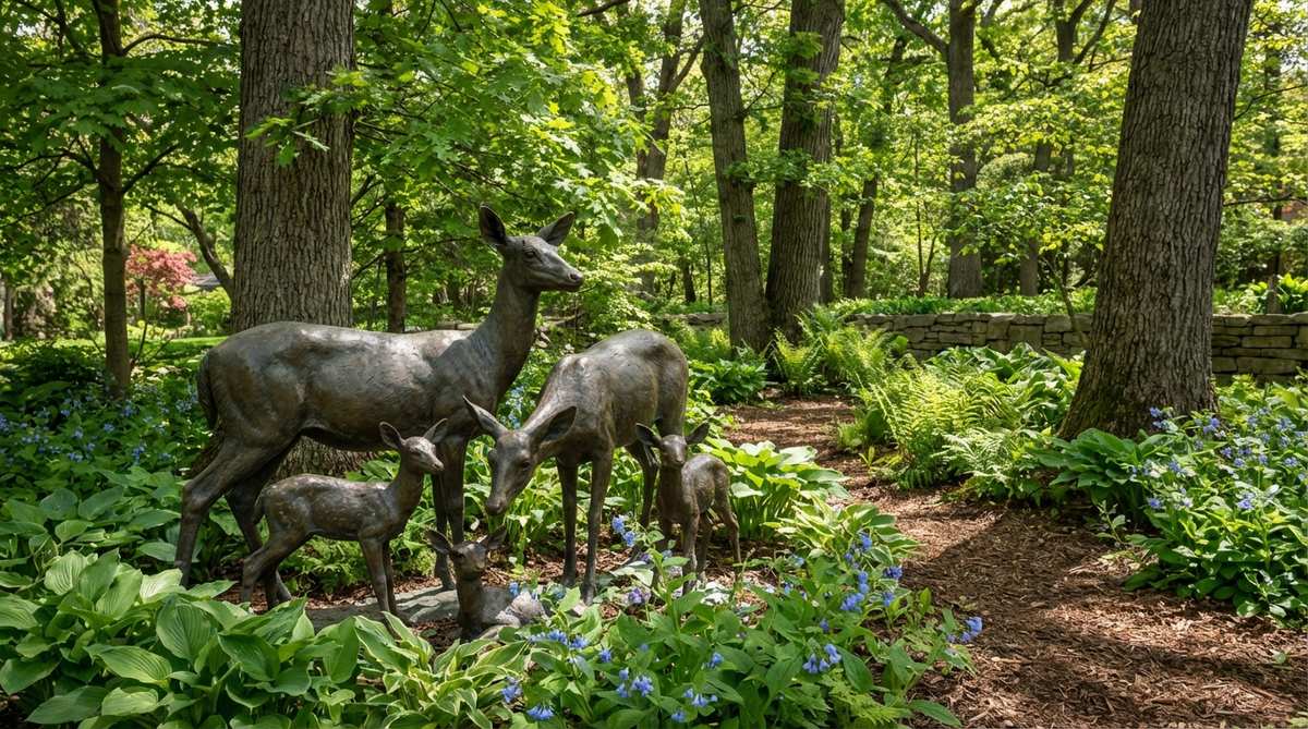 A life-size bronze or painted resin garden statue depicting a deer family with does and fawns in naturalistic poses, ideal for creating serene woodland vignettes in forest edges or shade gardens with native plantings. This sculpture stands 36-42 inches tall at the shoulder, designed to celebrate regional wildlife while discouraging actual deer browse.