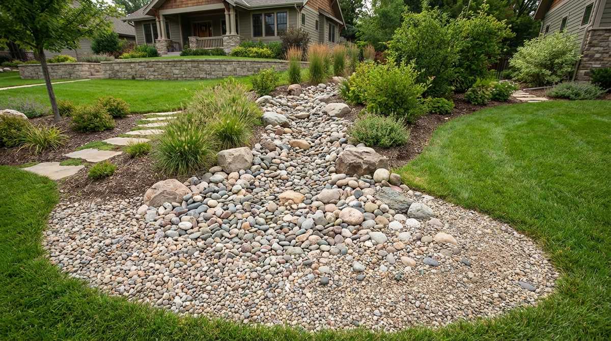 A dry creek bed terminating in a spreading gravel fan, mimicking a river delta formation. The bed widens gradually with stones decreasing in size toward the perimeter, creating a smooth transition into lawn or garden bed areas to prevent abrupt visual breaks in the landscape composition.