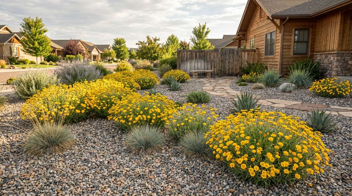 A vibrant gravel garden scene featuring perennial desert marigolds with golden flower drifts, contrasting against gray or tan gravel from spring through fall, showcasing self-seeding and natural resilience in desert landscapes.