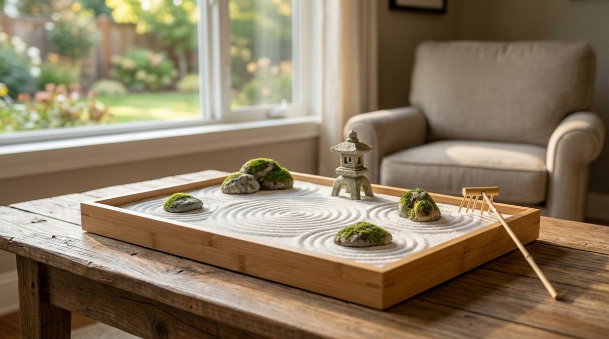 A small, portable zen garden on a tabletop, featuring fine white sand, miniature rocks, and a bamboo rake in a 12x18 inch tray, designed for meditative practice in office or indoor settings.