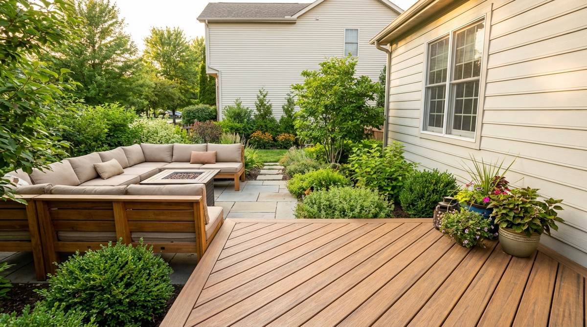 A small garden patio with deck boards installed at a 45-degree diagonal orientation to the house wall, creating visual expansion and improved spatial perception. The diagonal lines lead the eye outward, counteracting cramped dimensions while supporting corner-angled seating arrangements and improved traffic flow.