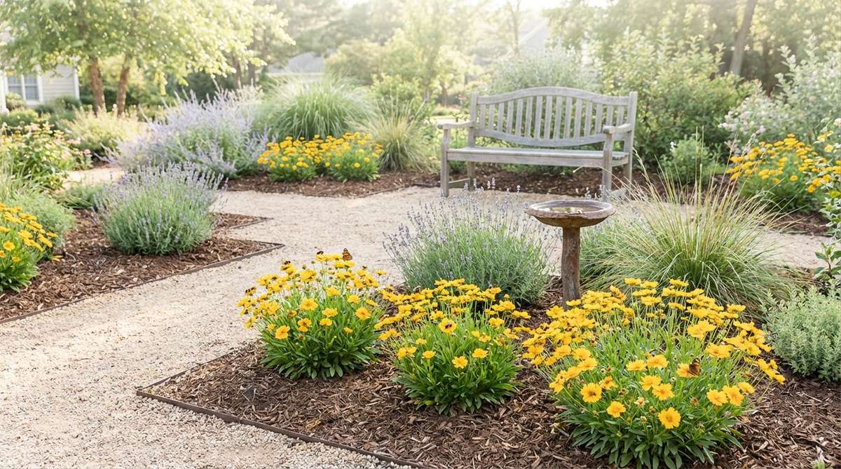 A close-up photo of dwarf coreopsis, showcasing its compact golden-yellow daisy-like flowers blooming on a 12-18 inch mound in a small garden setting, with pollinators such as bees or butterflies visible, highlighting its drought-tolerant and deer-resistant qualities.
