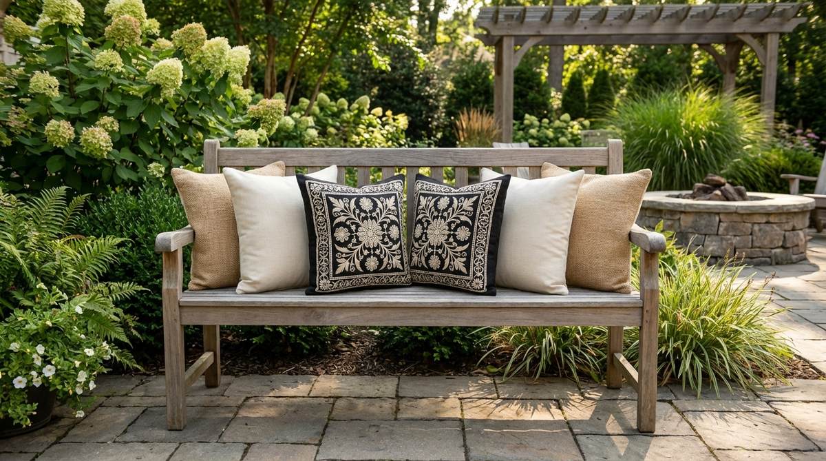 A pair of black linen or cotton cushion covers featuring intricate cream or metallic embroidery in traditional floral, geometric, or tribal patterns, creating a sophisticated contrast in boho decor. Shown mixed with solid cream and natural tan pillows to highlight texture and visual interest in a seating arrangement.